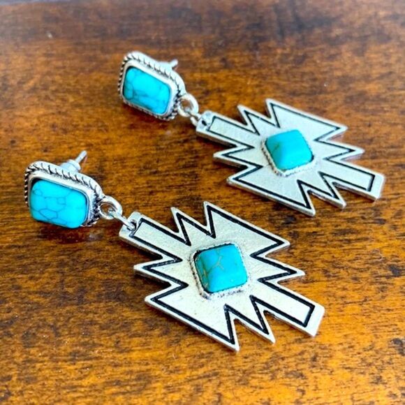 Unisex Turquoise & Silver Drop Earrings – Southwest Meets Aztec Geometric Style - Picture 1 of 10